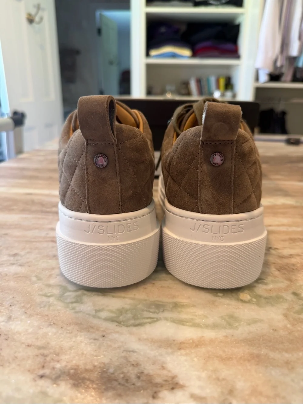 J/SLIDES Women’s Quilted Suede Sneakers in Brown, size 7
